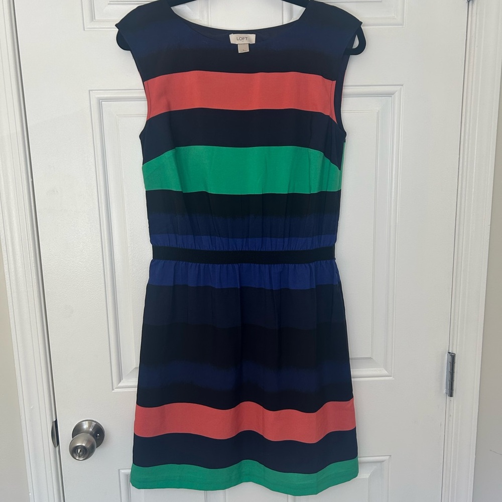 LOFT Navy/Coral/Green striped dress size small
